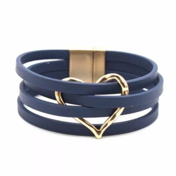 Women's fashion leather wrap bracelet, multi-strand boho design for a layered look. Silver accent.