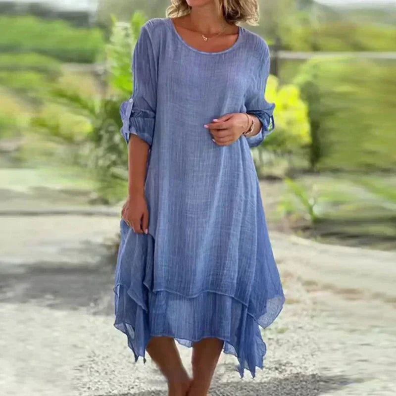 Pink layered midi dress for women, 3/4 sleeve, casual summer wear. Flowing & relaxed fit, ideal for everyday.