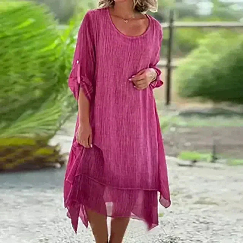 Blue layered midi dress, women's 3/4 sleeve casual summer dress. Relaxed fit, flowing design, great for boho chic.
