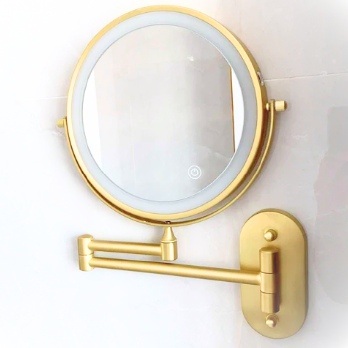 Close-up of LED illuminated makeup mirror, showing bright, adjustable light for flawless application.