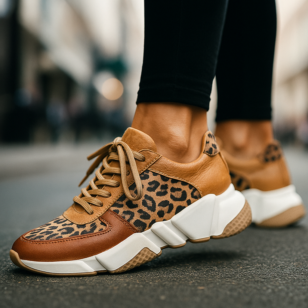 Women's leopard print running shoes with orthopedic support, perfect for athletic activities & comfortable wear.