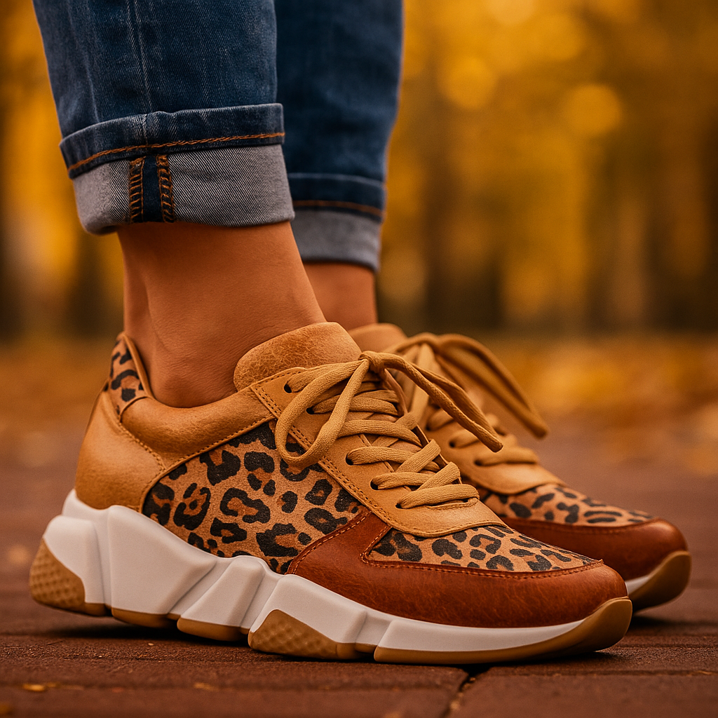 Comfortable women's orthopedic running shoes, featuring a trendy leopard print design & excellent shock absorption.