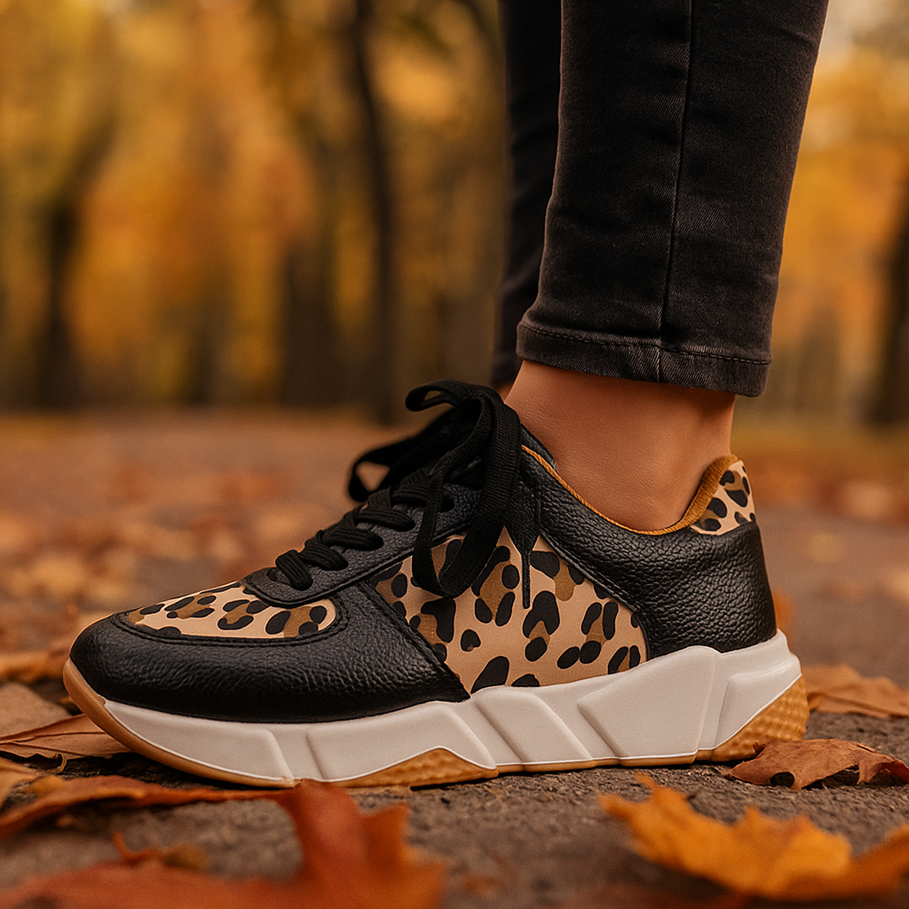 Fashionable women's leopard print athletic footwear, designed for running with orthopedic support & shock absorption.