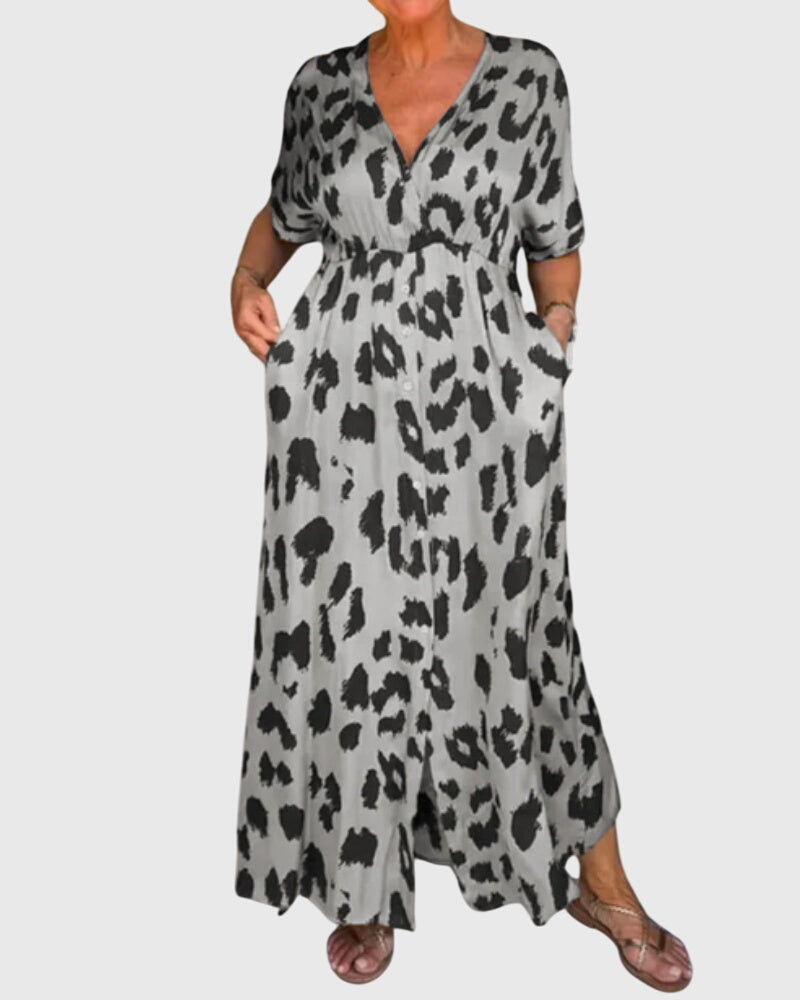 Chic women's leopard print flowy maxi dress, v-neck, button front. Comfortable & versatile for day or evening.