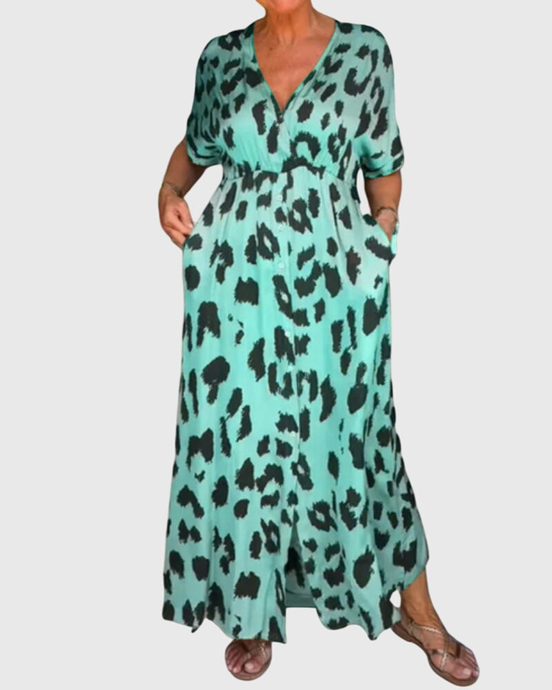 Elegant women's leopard print v-neck maxi dress featuring a stylish button-front and flattering flowy silhouette.