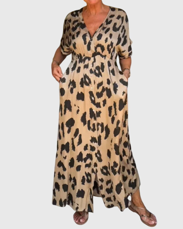 Casual women's leopard print v-neck button-front maxi dress, ideal for summer fashion, comfortable & chic.