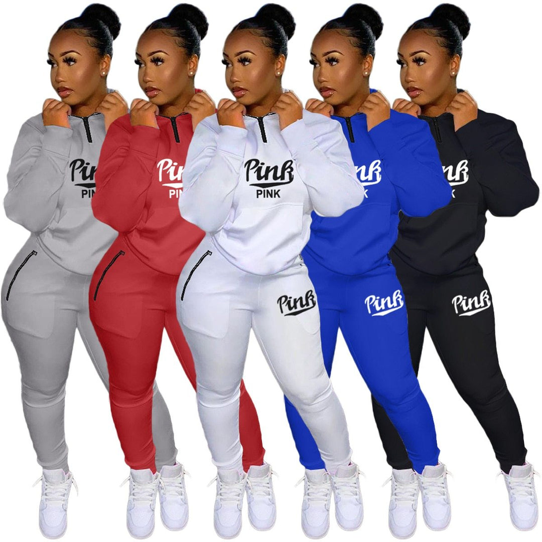 Women's letter print two-piece athletic tracksuit, perfect for casual wear, active lifestyles & lounging.