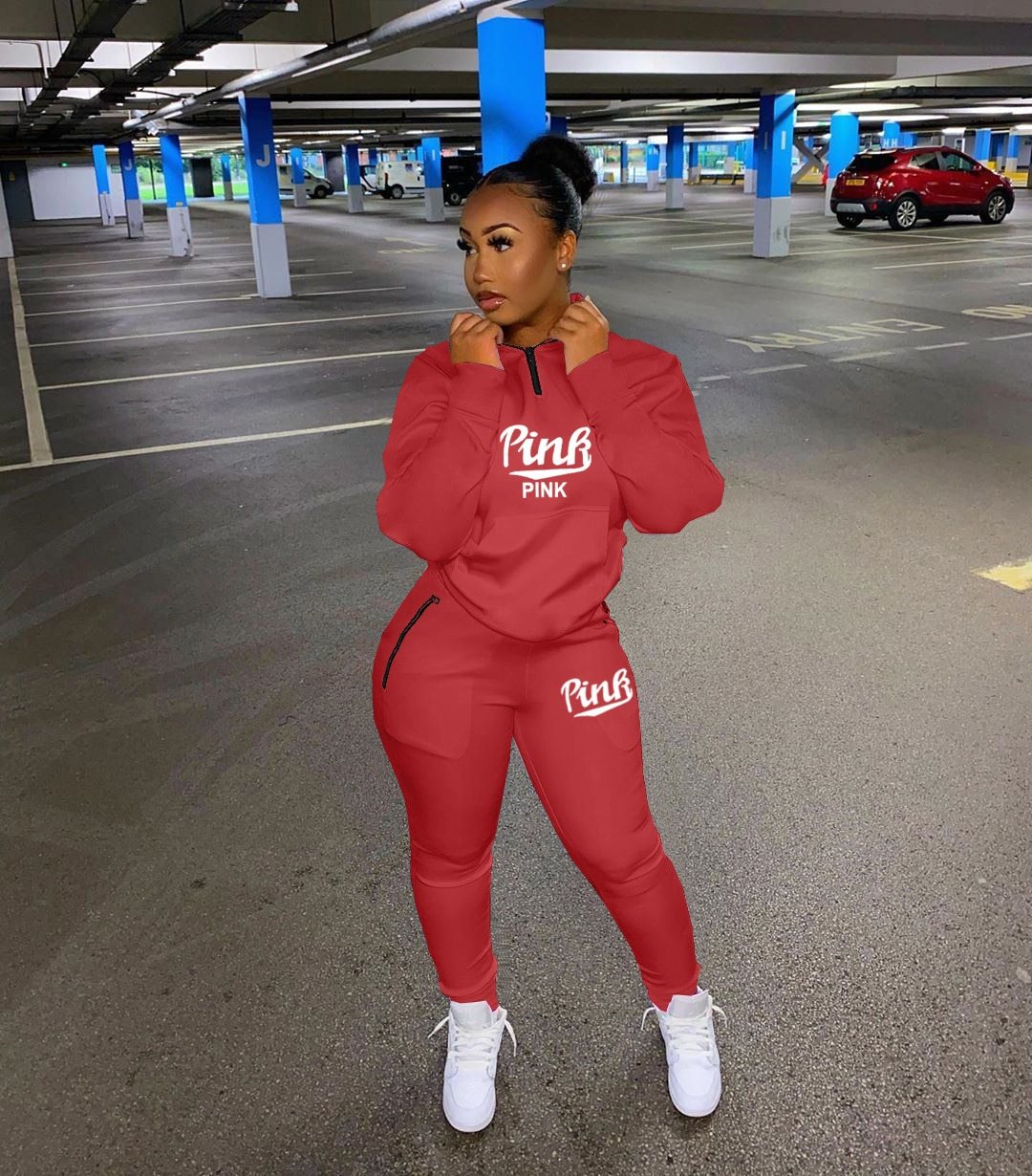 Trendy women's letter print two-piece set, a comfortable athletic jogger and long-sleeve top outfit.