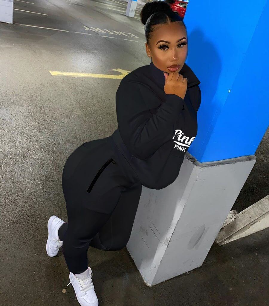Matching women's letter print jogger set, a cozy two-piece athletic tracksuit for comfort and casual style.