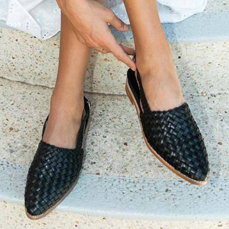 Close-up of Lia women's summer sandals, highlighting the intricate braided leather straps and almond toe.