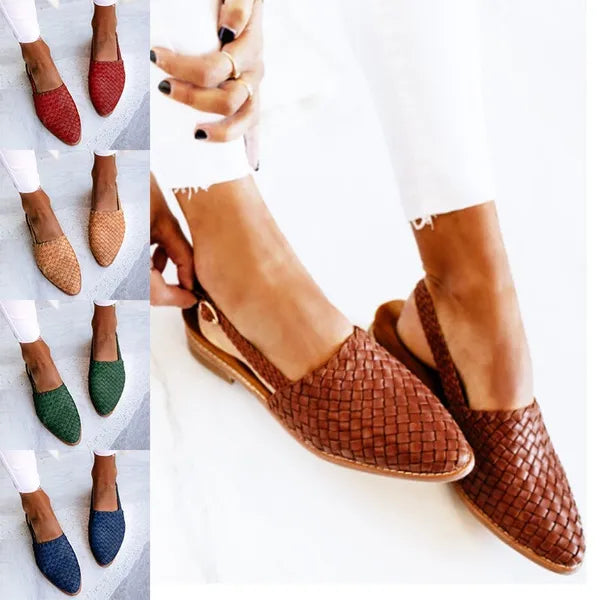 Women's Lia summer sandals with braided leather details, slingback strap, and an almond toe for comfort.