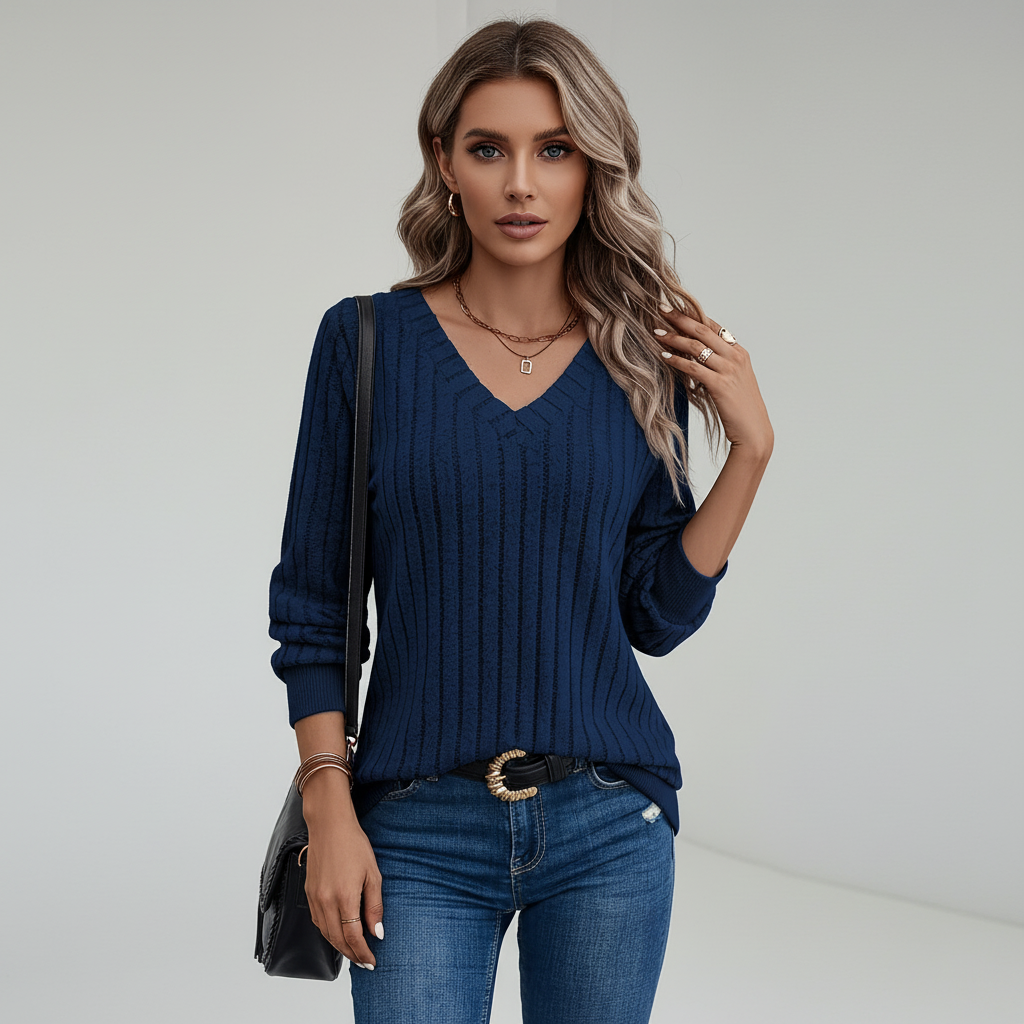 Comfortable women's 'Liane' polyester knit V-neck jumper, a versatile long sleeve pullover.