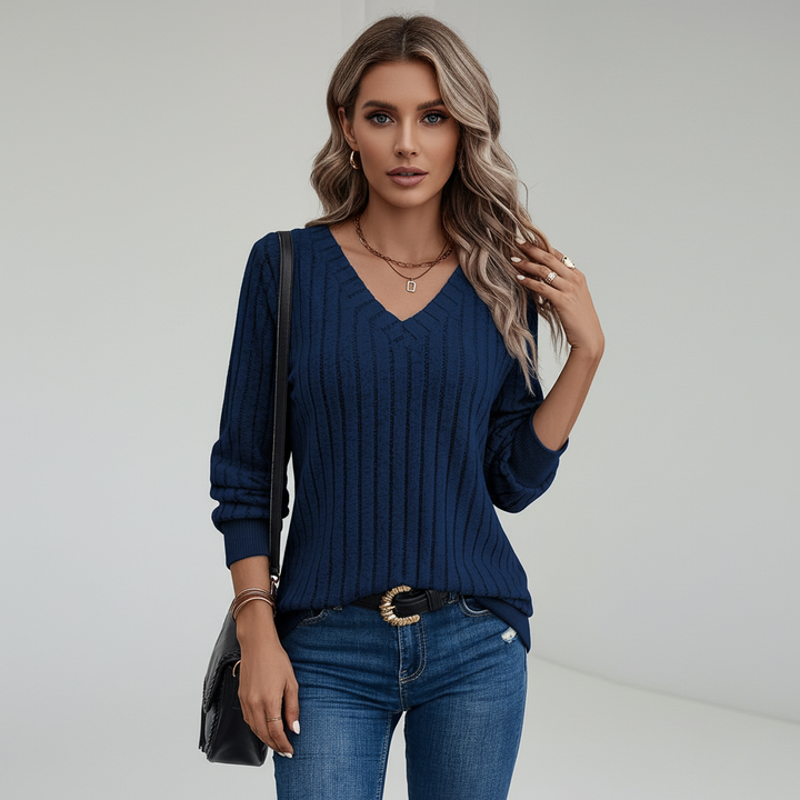 Comfortable women's 'Liane' polyester knit V-neck jumper, a versatile long sleeve pullover.