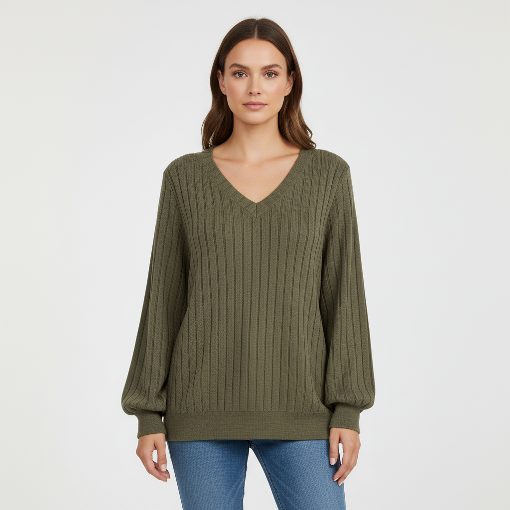 Close-up of the soft texture on the 'Liane' women's knit V-neck long-sleeved casual jumper.