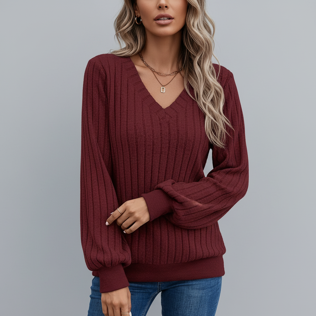 Women's 'Liane' V-neck knit jumper, a cozy polyester long sleeve option for cold weather apparel.