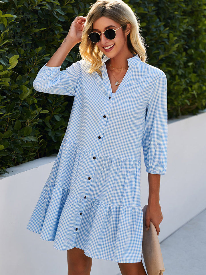 Women's light blue checked midi summer dress. Sleeveless, comfortable & elegant for casual days or vacation wear.