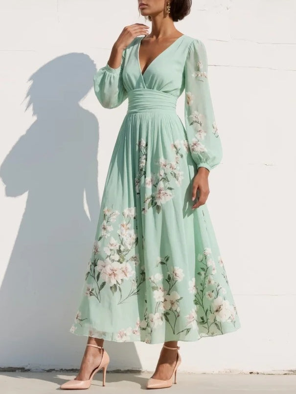 Elegant light green V-neck pleated floral midi dress for women, ideal for spring parties & casual chic events.