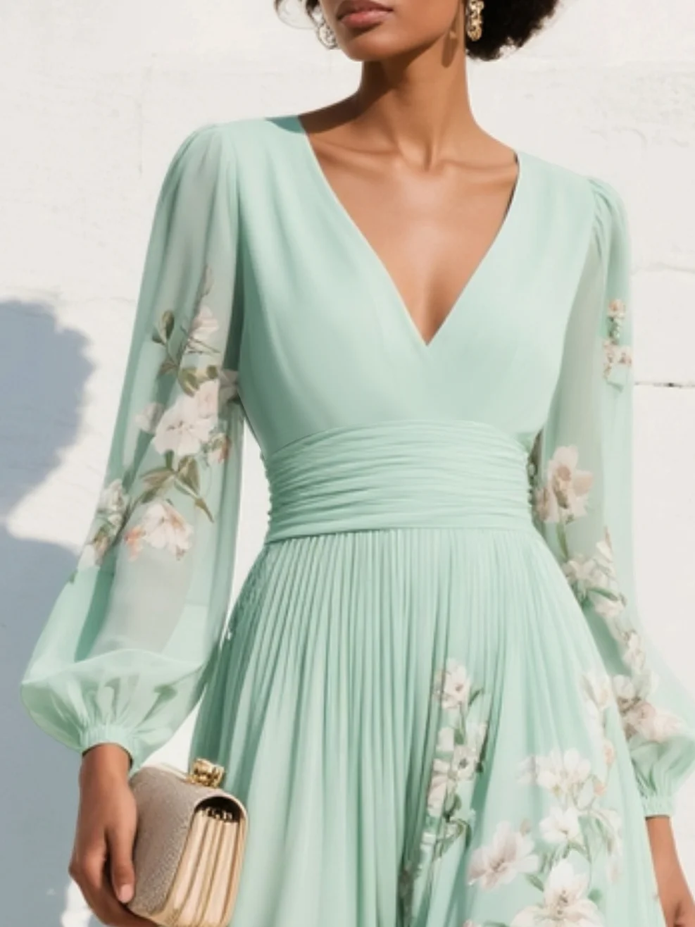 Comfortable women's light green floral midi dress with V-neck & pleats, a stylish choice for spring/summer fashion.