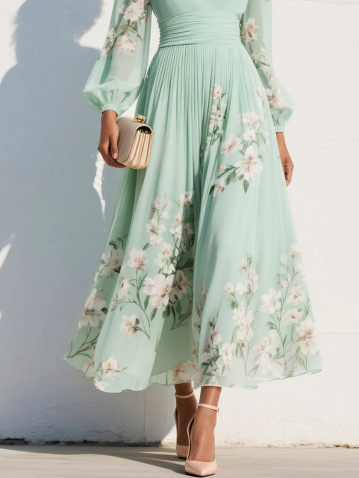 Women's light green V-neck pleated floral midi dress with flowy skirt, ideal for summer elegance & comfort.