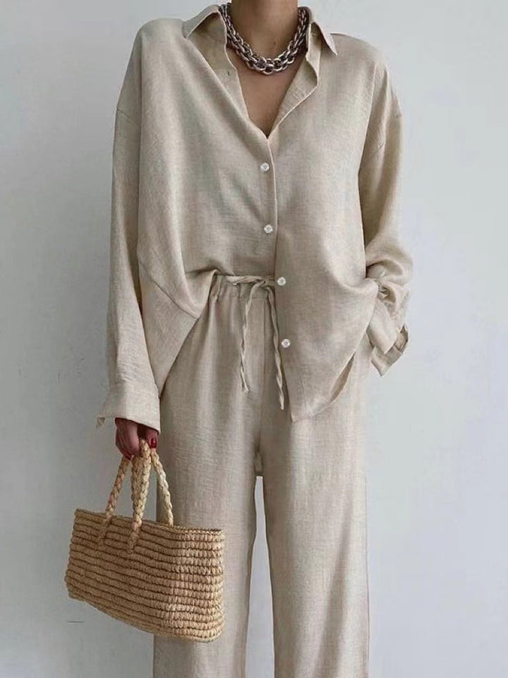 Women's light linen blend blouse & wide-leg pants two-piece set, perfect for summer casual or vacation.