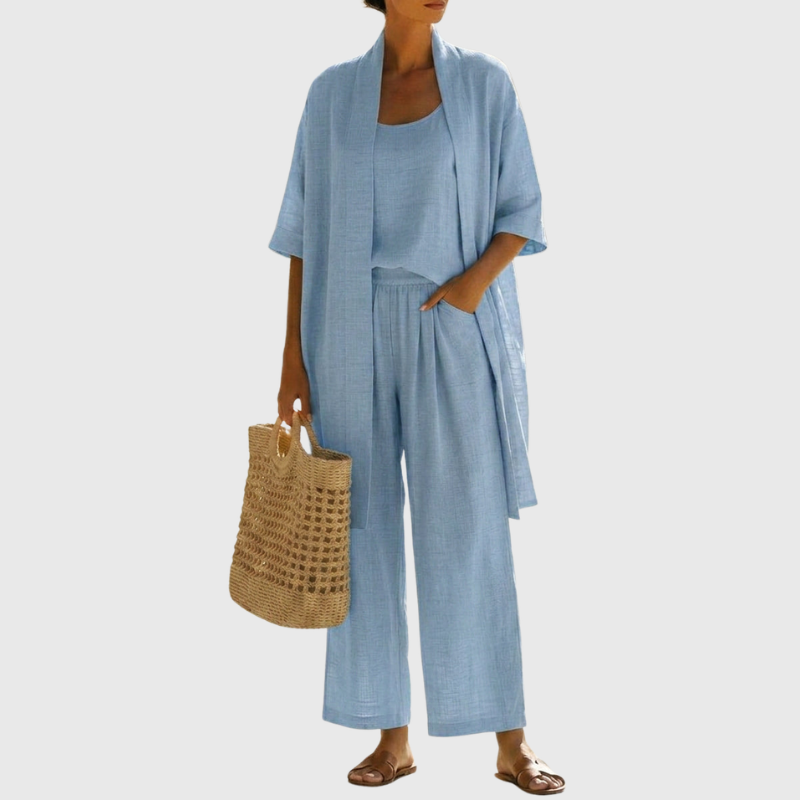 Complete women's three-piece summer outfit. Lightweight, breathable, soft airy coordinated top, pants & cardigan.