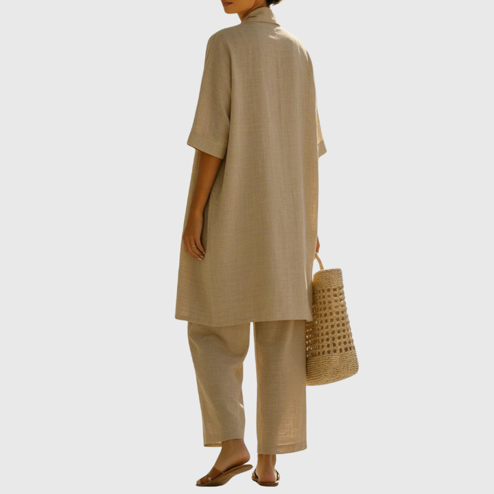Elegant women's 3-piece loungewear set with tank, wide-leg pants & cardigan. Breathable resort wear.