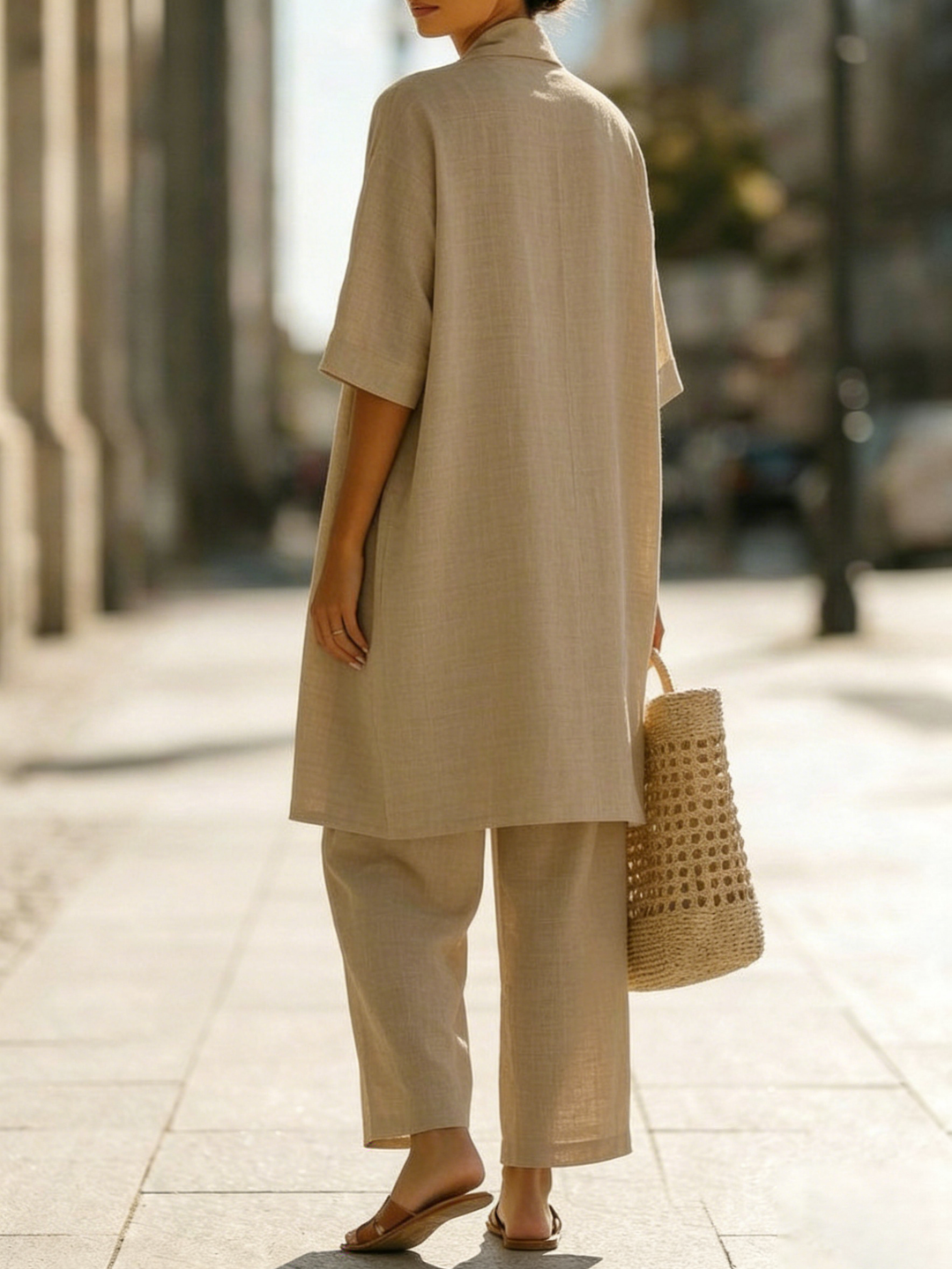 Soft breathable women's three-piece summer outfit. Lightweight coordinated set for casual or travel wear.