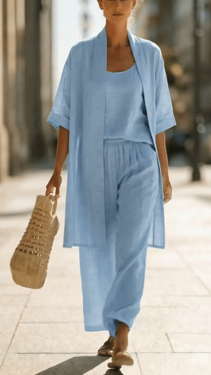Coordinated women's lightweight three-piece set. Casual yet elegant summer fashion with a soft airy feel.