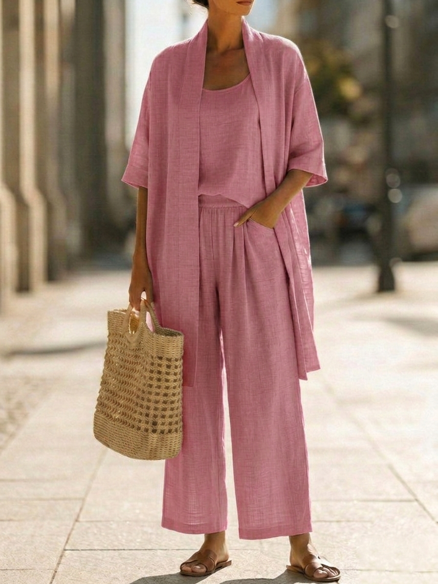 Full view: Women's lightweight three-piece set. Coordinated tank, wide-leg pants & open cardigan, breathable fabric.