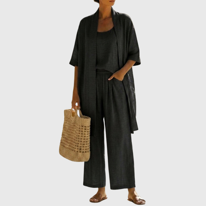 Close-up of soft airy breathable fabric from women's three-piece summer set. Ideal for comfort and style.