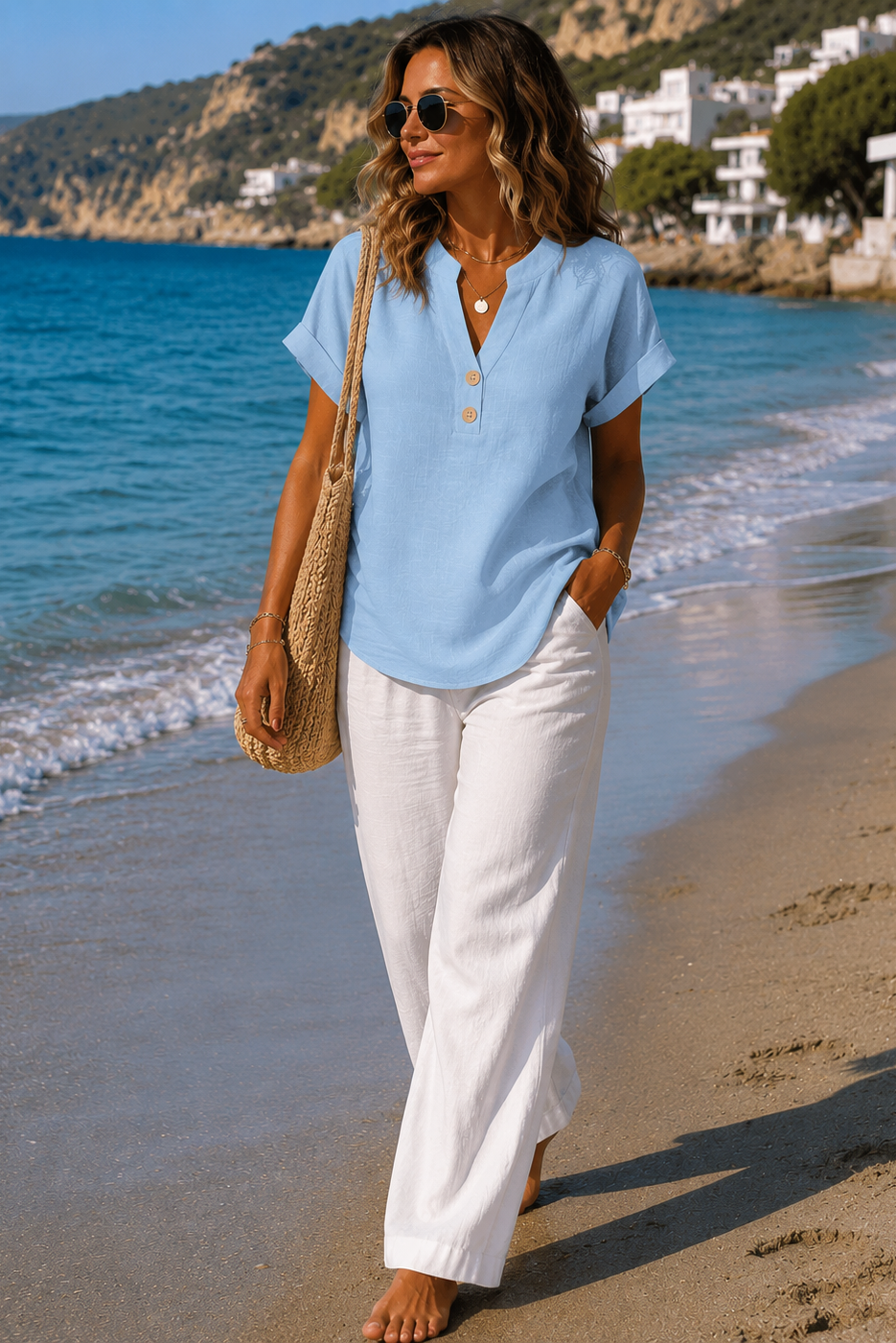 Stylish women's button-detail top, a breathable lightweight shirt perfect for versatile everyday fashion.