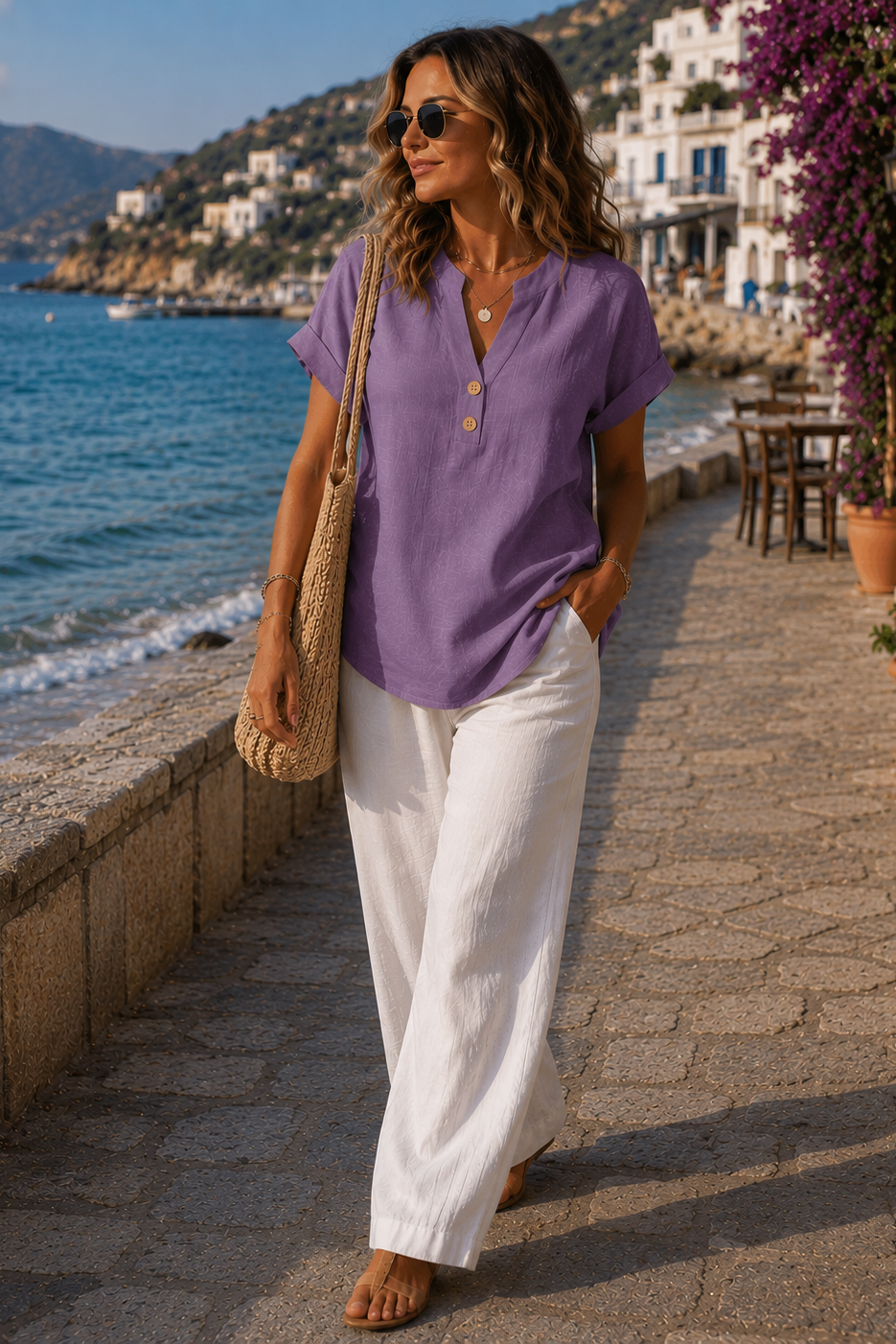 Breathable summer top: women's lightweight button-detail shirt for warm weather and relaxed style.