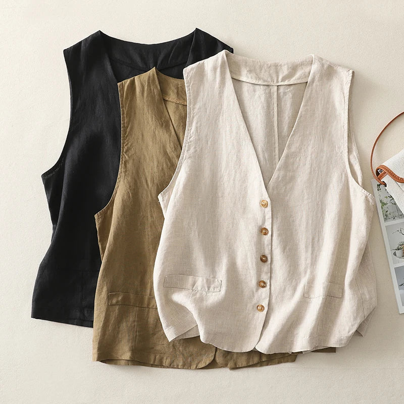 Women's lightweight cotton-linen button-front vest in khaki. Breathable summer top, perfect for layering.
