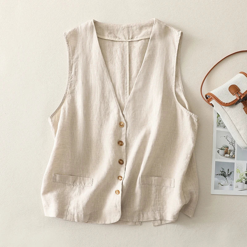 Women's sleeveless cotton-linen vest, ideal lightweight summer top. Breathable button-front design for comfort.