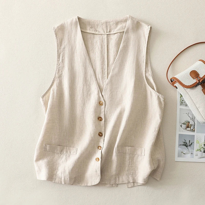 Women's sleeveless cotton-linen vest, ideal lightweight summer top. Breathable button-front design for comfort.