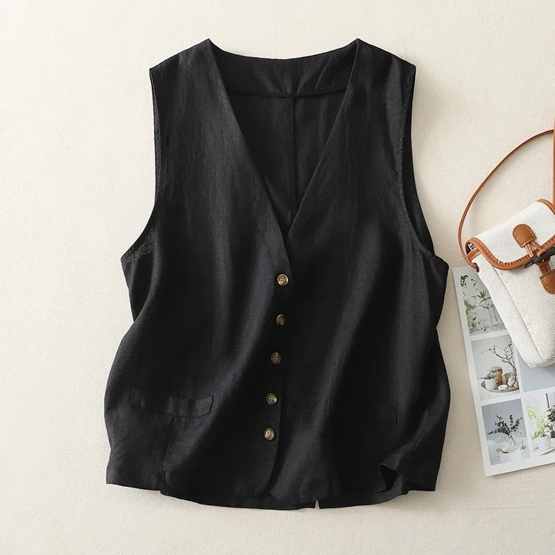 Classic women's button-front vest in cotton-linen blend. Lightweight, breathable sleeveless top for a chic look.