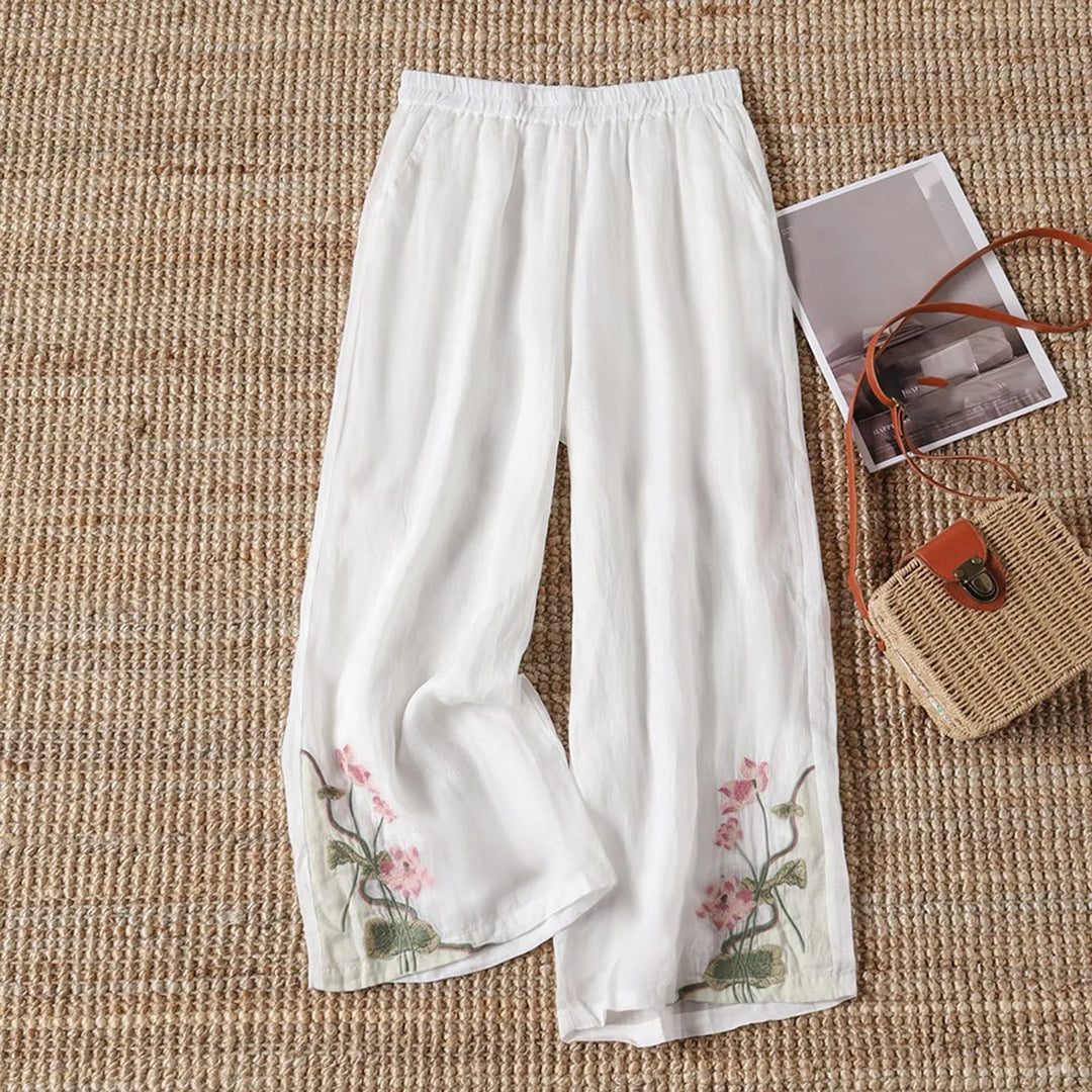 Comfortable & lightweight women's floral summer trousers, great for casual outings and warm weather fashion.