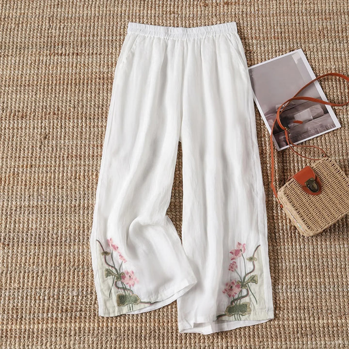 Comfortable & lightweight women's floral summer trousers, great for casual outings and warm weather fashion.