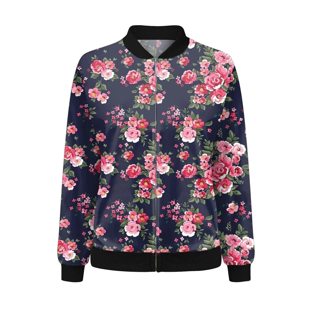 Stylish women's zip jacket with delicate floral print. Lightweight outerwear, ideal for spring fashion and casual wear.