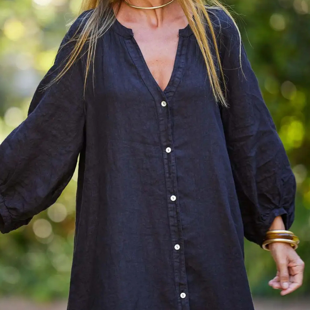Beautiful long flowy women's summer dress (Naomi) designed for comfortable, stylish, and airy vacation wear.