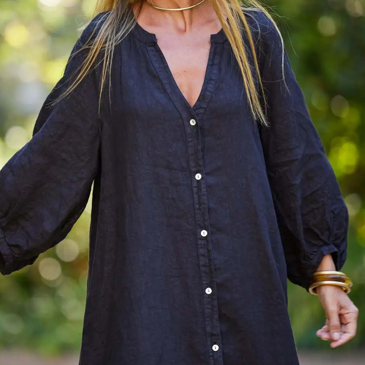 Beautiful long flowy women's summer dress (Naomi) designed for comfortable, stylish, and airy vacation wear.