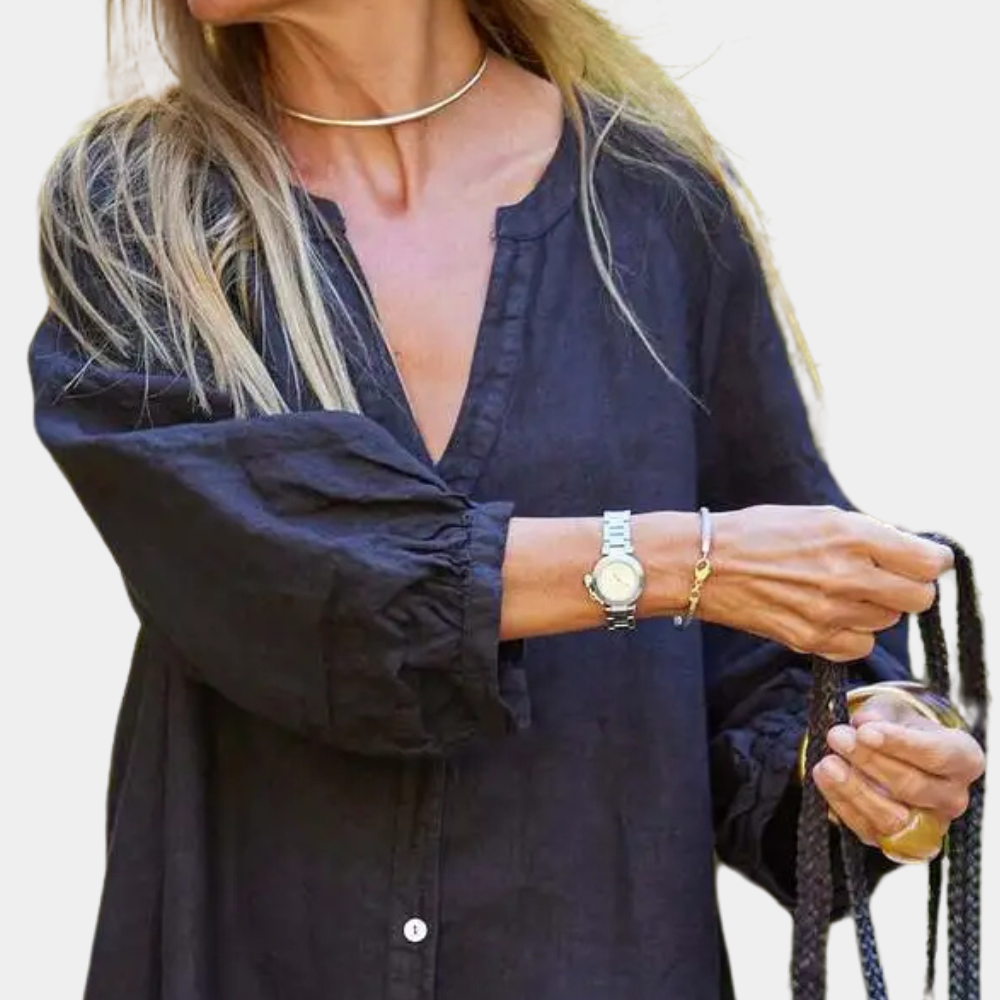 Stylish women's long flowy summer dress (Naomi), perfect lightweight beachwear or elegant vacation fashion.