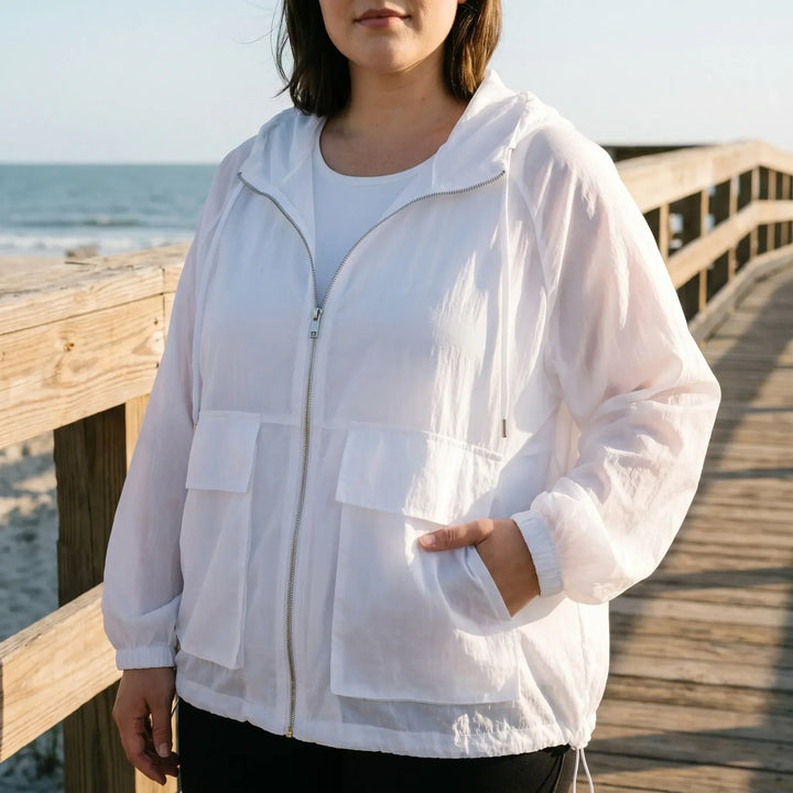 Women's lightweight hooded sports jacket, full zip, perfect for active days, running, and workouts.