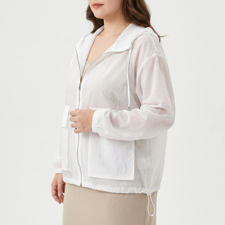 Breathable women's lightweight hooded jacket, full zip design, ideal activewear for outdoor sports.