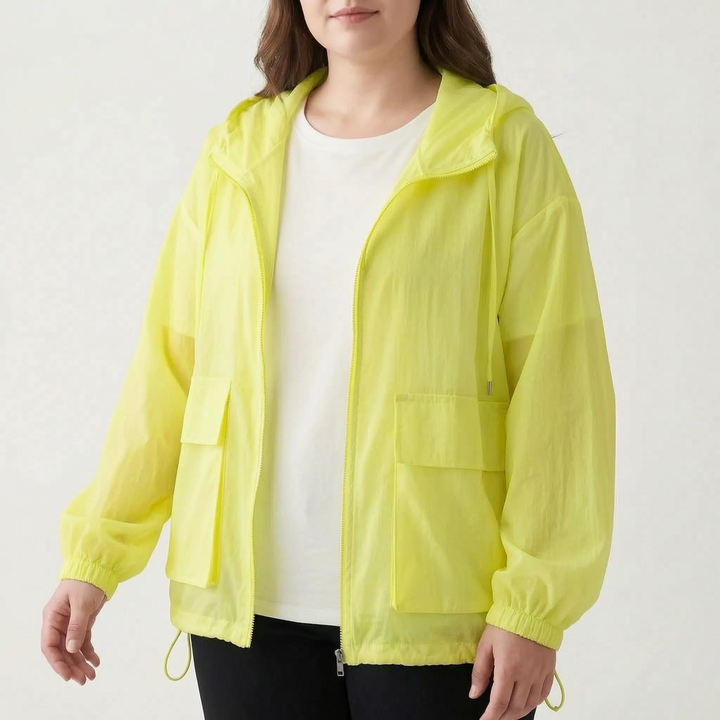 Stylish women's lightweight hooded sports jacket with full zip closure, essential activewear for any activity.