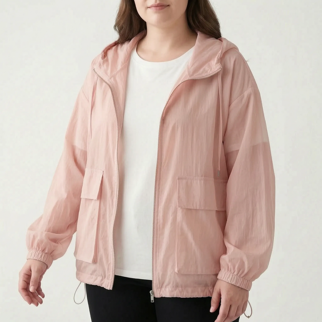 Women's active lightweight hooded jacket with full zip, ideal for running, gym, and outdoor summer activities.