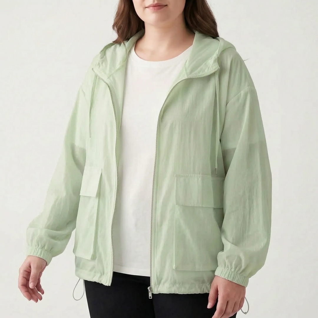 Full-zip women's hooded sports jacket, lightweight activewear for comfortable outdoor workouts and running.