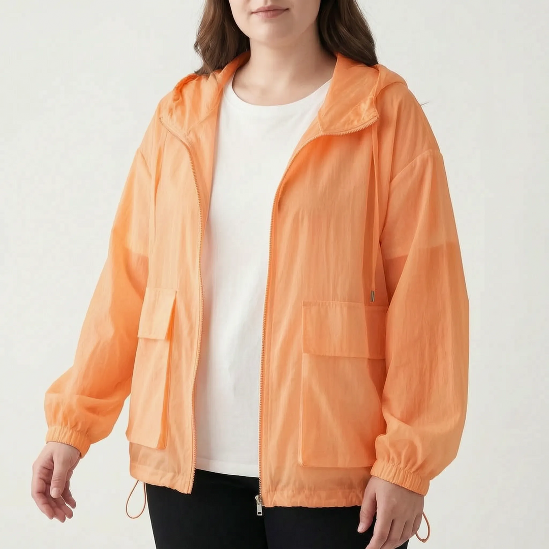 Women's workout gear: lightweight hooded running jacket, full zip activewear for gym and outdoor activities.