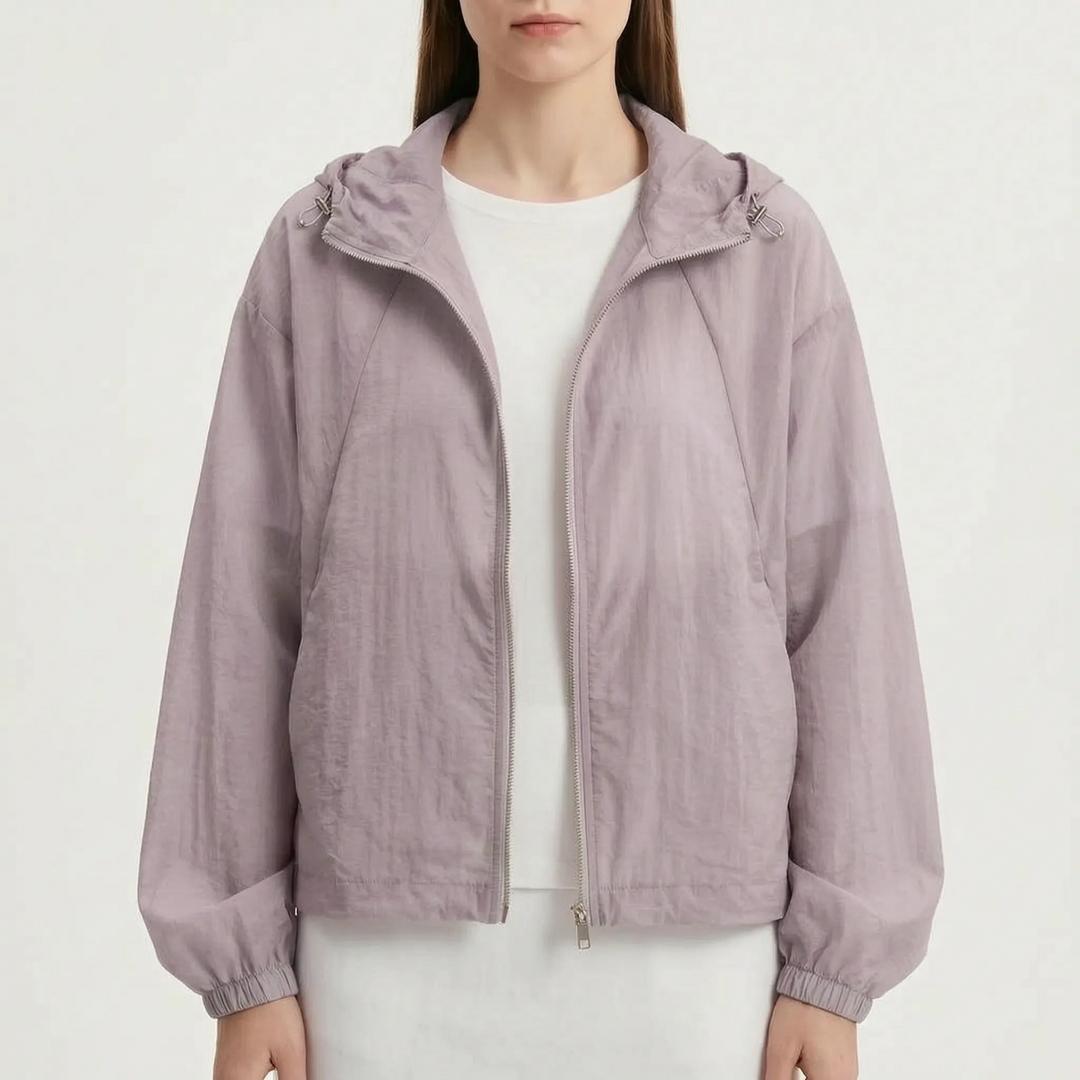 Women's full-zip hooded windbreaker jacket, lightweight, ideal for running & outdoor activities.