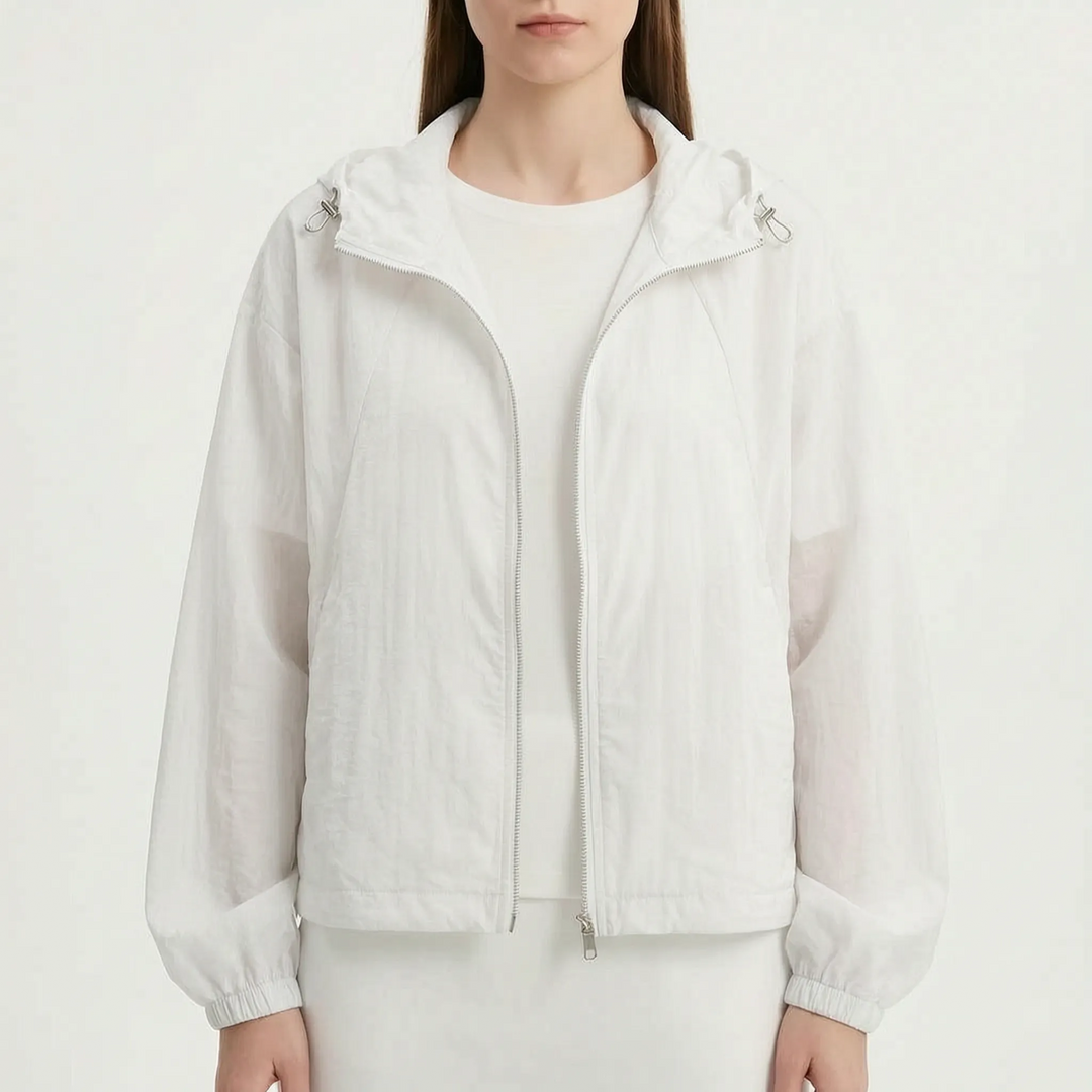 Lightweight hooded windbreaker jacket for women, full zip, ideal for casual spring & summer wear.